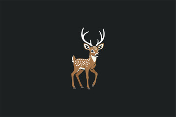 Flat vector illustration of deer with antlers in minimalist style, wildlife animal design isolated on black background, nature, forest fauna and outdoor concept.