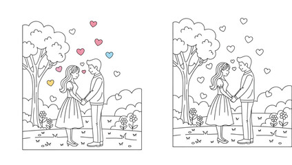 Obraz premium Romantic couple holding hands with hearts in park vector illustration line art style for coloring book page, Valentine day and wedding card design concept