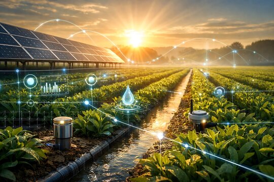 Solar-Powered Smart Agriculture with AI IoT Sensors and Automated Irrigation in Sustainable Green Farming Landscape