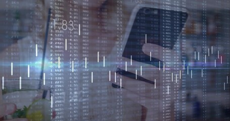 Animation of data processing over caucasian woman using smartphone - Powered by Adobe