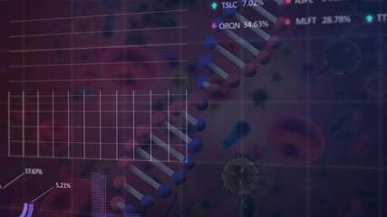 Animation of financial data processing over virus and blood cells with dna strand - Powered by Adobe