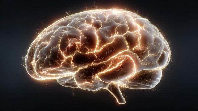 Brain CT showing active prefrontal cortex concept. Highlighting neural activity with electric patterns in a digital illustration.