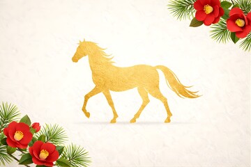 和紙背景に金箔で描かれた馬のシルエット｜椿と松を配した上品な和風デザイン