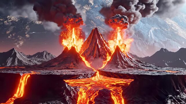 3D simulation of tectonic plate movements beneath the Earth&rsquo;s surface, showing mountains rising, volcanic eruptions, and shifting magma in vivid colors