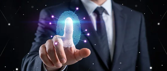 未来的な指紋認証を触れるビジネスシーンのセキュリティ演出 © Portraits