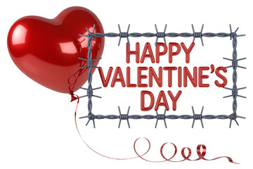 Valentines Day greeting with red heart balloon in barbed wire frame on white background for romantic celebration