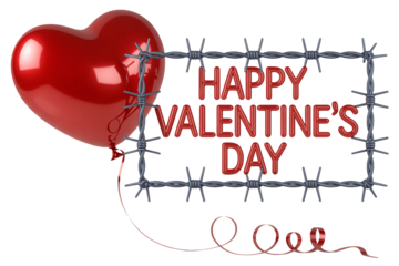 Valentines Day greeting with red heart balloon in barbed wire frame on white background for romantic celebration