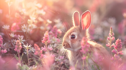 Adorable rabbit amongst blooming pink wildflowers in a serene nature scene