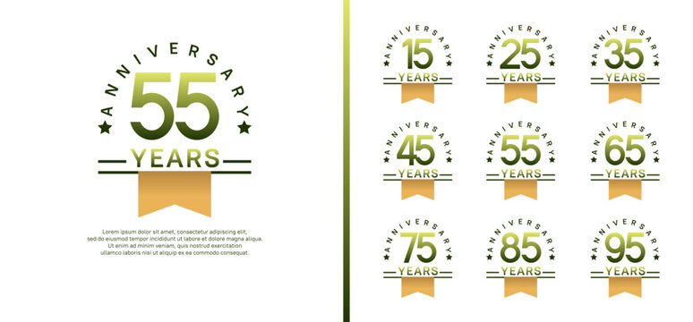 set of anniversary logo style with yellow ribbon. vector design green color for celebration