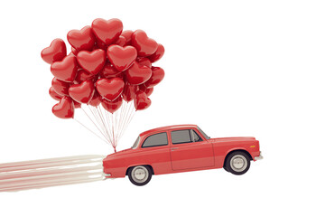 Red car with heart-shaped balloons in fast motion with vibrant red color and dynamic lighting for valentines day greeting