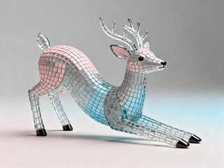 A mosaic-style reindeer sculpture made of reflective tiles in pink, blue, and silver tones, posed in a dynamic stance.