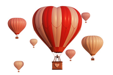 Heart-Shaped Hot Air Balloon with Red and Beige Stripes in Whimsical Fantasy Scene with Soft Lighting on White Background for Valentines Day