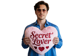 Man holding heart shaped pillow with secret lover text in romantic gesture with soft lighting for valentines day greeting