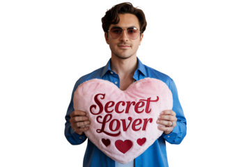 Man holding heart shaped pillow with secret lover text in romantic gesture with soft lighting for valentines day greeting