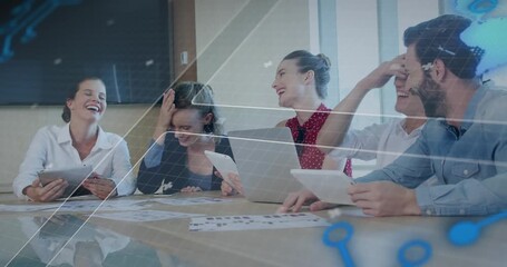 Animation of data processing over business people working in office - Powered by Adobe