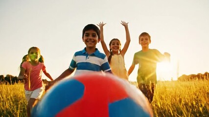 Joyful Pursuit: A group of children run playfully through a field with a ball towards the setting sun. Their carefree spirits and contagious smiles bring joy to this scenic landscape.