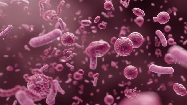 Harmful bacteria, bacteria and viruses, colorful bacterial communities, intestinal probiotics, microbiome environment, microbiology, close-up, 3D animation,  pink bacteria.