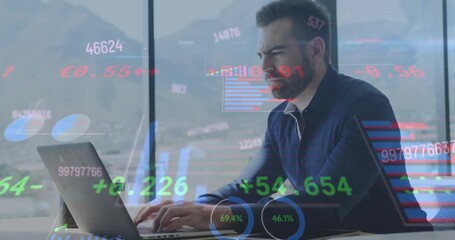 Animation of statistics and data processing over caucasian businessman using computer - Powered by Adobe