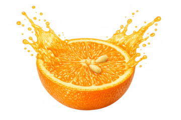 Orange juice splashing from a fresh half fruit, creating invigorating liquid motion with droplets on transparent background