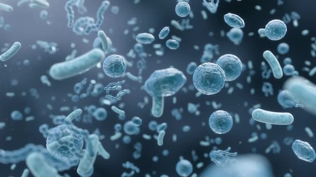 Harmful bacteria, bacteria and viruses, colorful bacterial communities, intestinal probiotics, microbiome environment, microbiology, close-up, 3D animation,  blue bacteria.