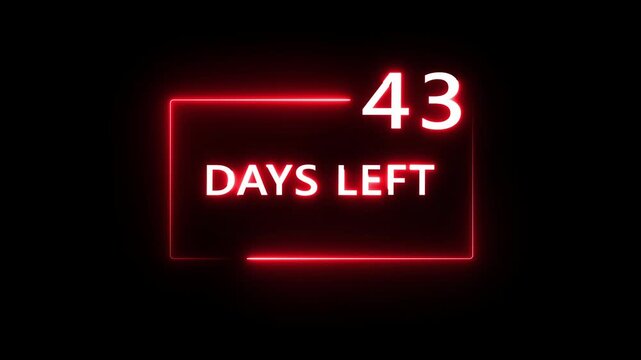 43 Days left countdown number animation on black background. Neon countdown days text number.  Days count number animation.