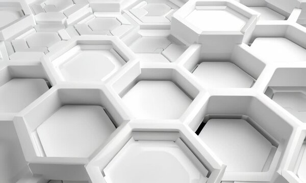 Video content shows a futuristic white geometric pattern of interconnected hexagons and cubes creating a modern high-tech appearance
