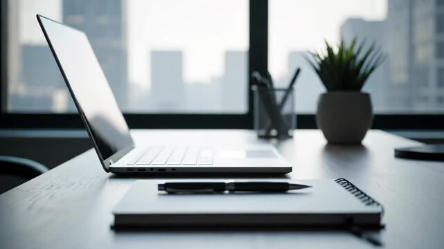 A modern, minimalist office desk setup with a laptop, notebook, and pen, overlooking a bright city skyline.