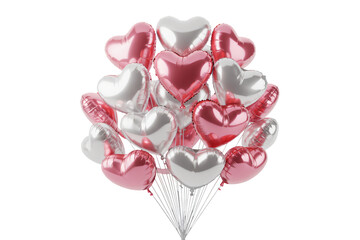 Heart-Shaped Balloons Cluster in Romantic Shiny Finish with Red and Silver Colors in Festive Arrangement for Valentines Day Celebration