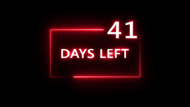 41 Days left countdown number animation on black background. Neon countdown days text number.  Days count number animation.