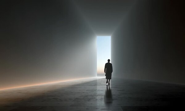 Video content shows a solitary person standing in front of an open door with bright light shining through the doorway