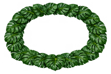 Oval frame with lush green monstera leaves, offering a vibrant tropical border for text or images, transparent background
