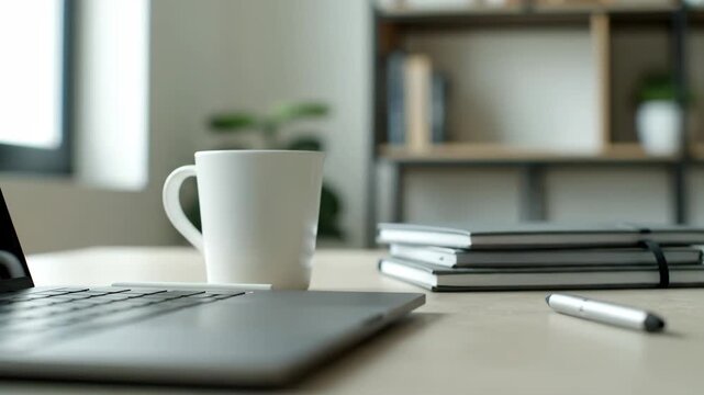Close-up of a contemporary desk setup featuring a laptop, coffee, and notebooks, perfect for remote work or study.