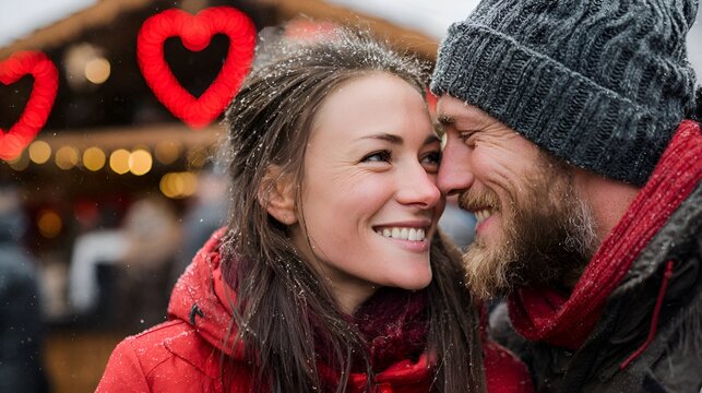 A smiling couple in warm winter clothing lovingly gaze into each others eyes with hearts displayed at an outdoor winter festival location. - Powered by Adobe