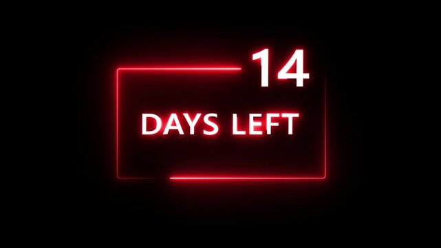 14 Days left countdown number animation on black background. Neon countdown days text number.  Days count number animation.