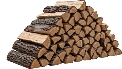 Stack of firewood logs arranged neatly on white background for heating and cooking purposes