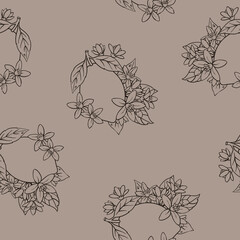 Seamless black and white line art pattern with lemons, citrus blossoms, and leaves. Elegant botanical outline design featuring citrus fruit and floral elements,