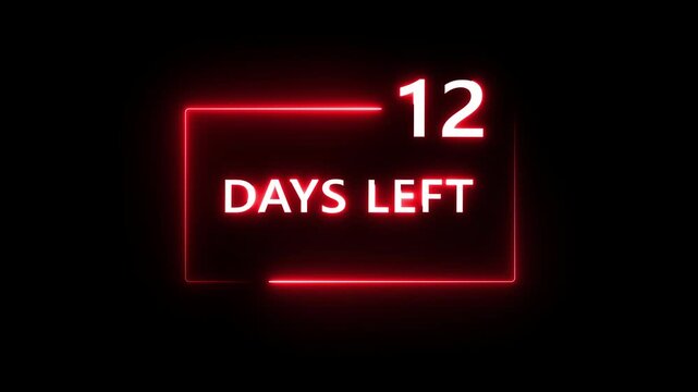 12 Days left countdown number animation on black background. Neon countdown days text number.  Days count number animation.