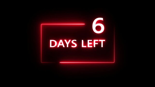 6 Days left countdown number animation on black background. Neon countdown days text number.  Days count number animation.