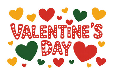 Valentines Day Greeting Card with Red and Gold Hearts in Festive Typography on White Background for Holiday Greeting