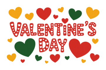 Valentines Day Greeting Card with Red and Gold Hearts in Festive Typography on White Background for Holiday Greeting