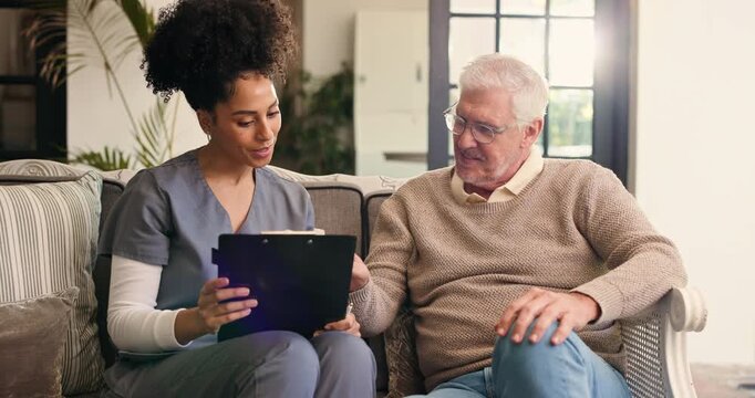 Caregiver, woman and high five with old man, homecare and laughing with test results and healthcare. Happy, people and celebration for recovery, elderly patient and nurse with medical report in house
