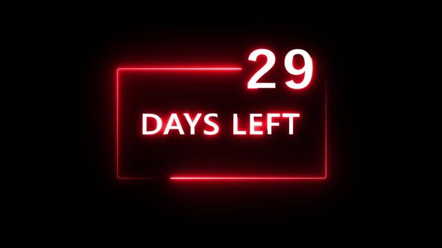29 Days left countdown number animation on black background. Neon countdown days text number.  Days count number animation.