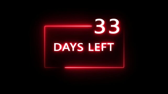 33 Days left countdown number animation on black background. Neon countdown days text number.  Days count number animation.