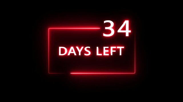 34 Days left countdown number animation on black background. Neon countdown days text number.  Days count number animation.