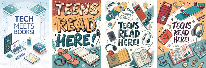 Creative teen book fair posters encouraging reading and technology exploration