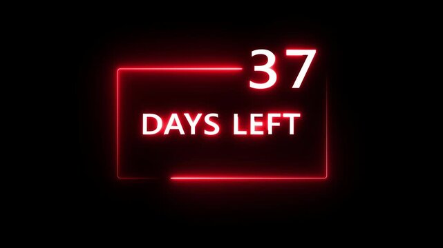 37 Days left countdown number animation on black background. Neon countdown days text number.  Days count number animation.