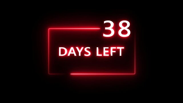 38 Days left countdown number animation on black background. Neon countdown days text number.  Days count number animation.