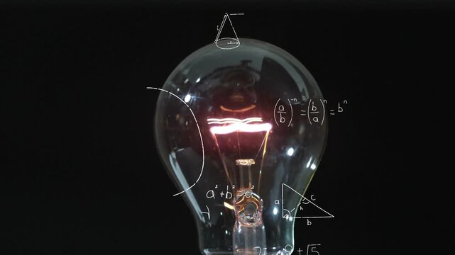 Animation of mathematical equations floating over electric bulb lighting up against black background