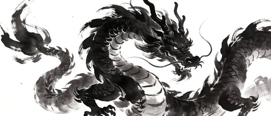 躍動感あふれる墨の濃淡で表す伝統的な龍の画