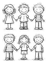 Six stick figure children stand in two rows holding hands looking happily forward in a simple hand drawn black and white illustration.